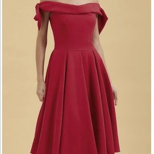 Red off shoulder mid length red dress w/ pockets